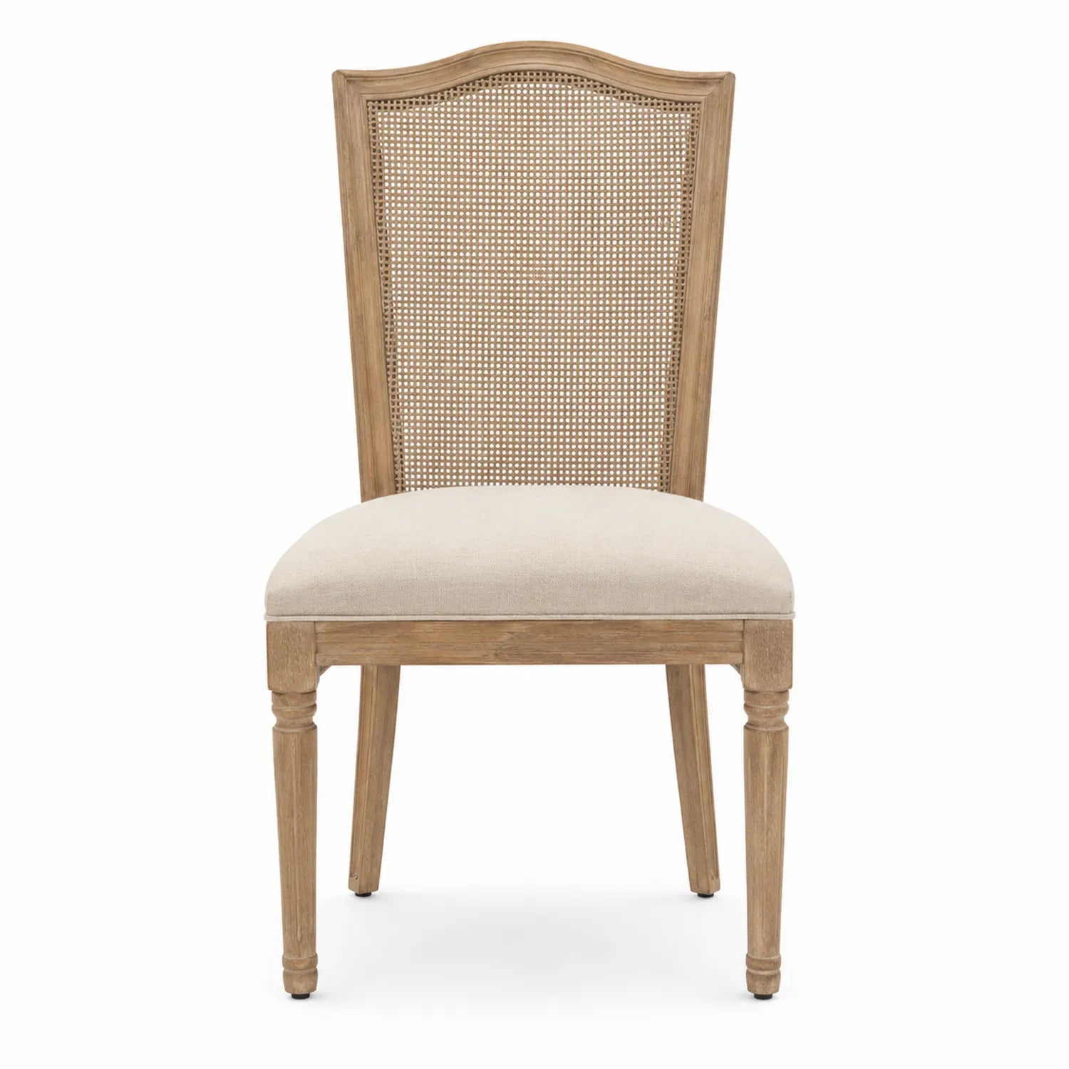 Silla de madera con asiento de lino beige y respaldo de mimbre