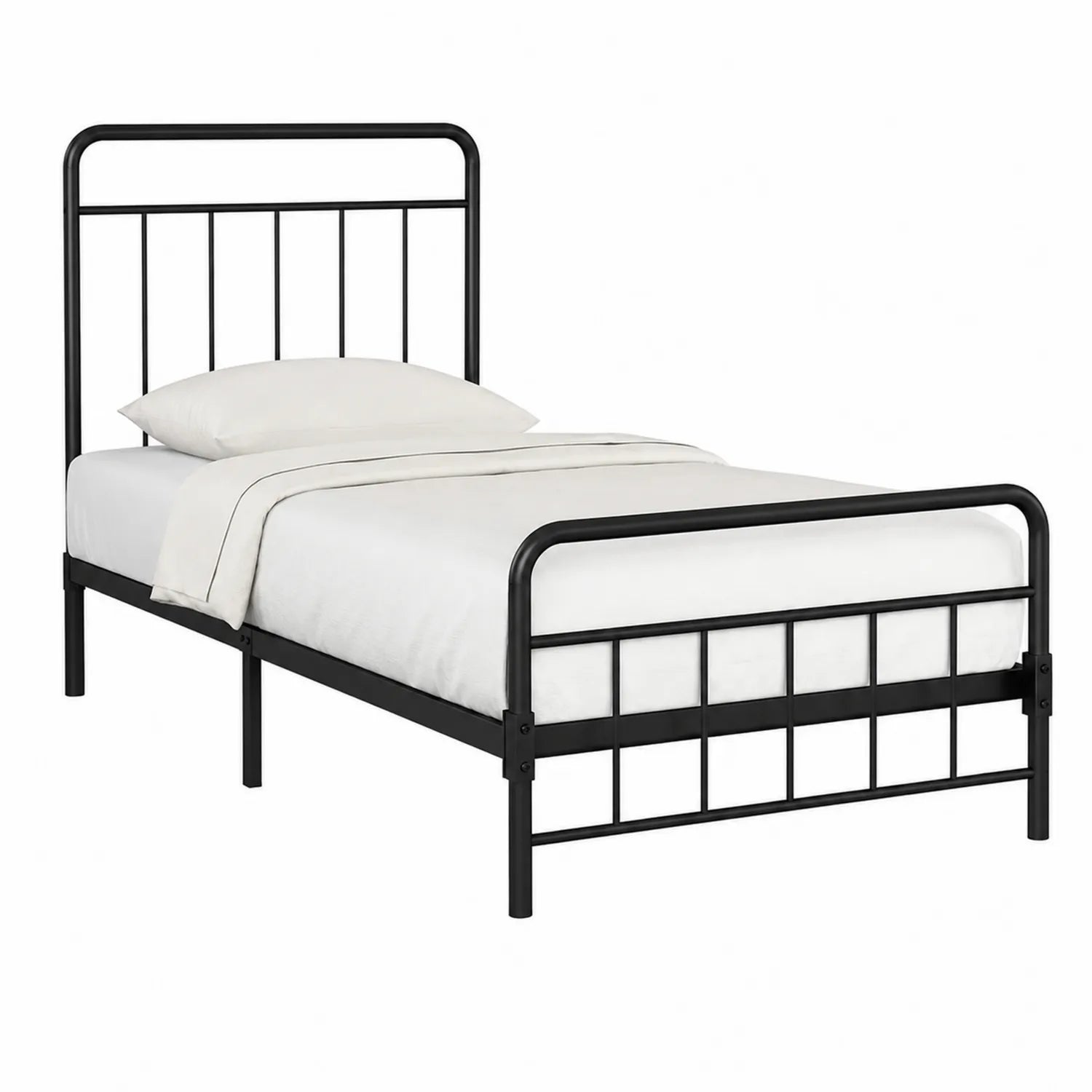 Cama individual de metal negro con somier