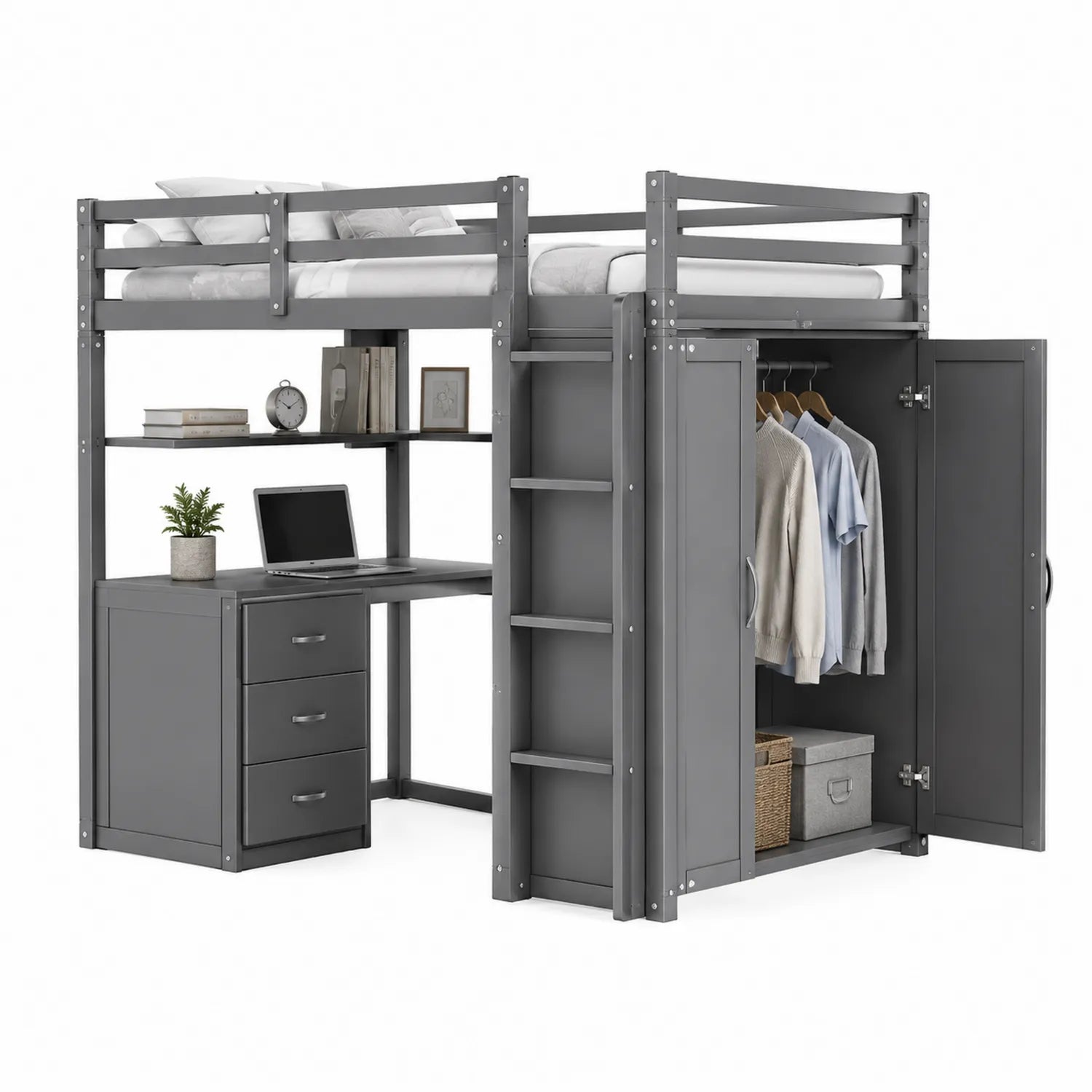Cama alta de metal gris con escritorio y armario 197x94x180 cm