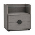 Mesa de noche de madera con vidrio y dos cajones gris
