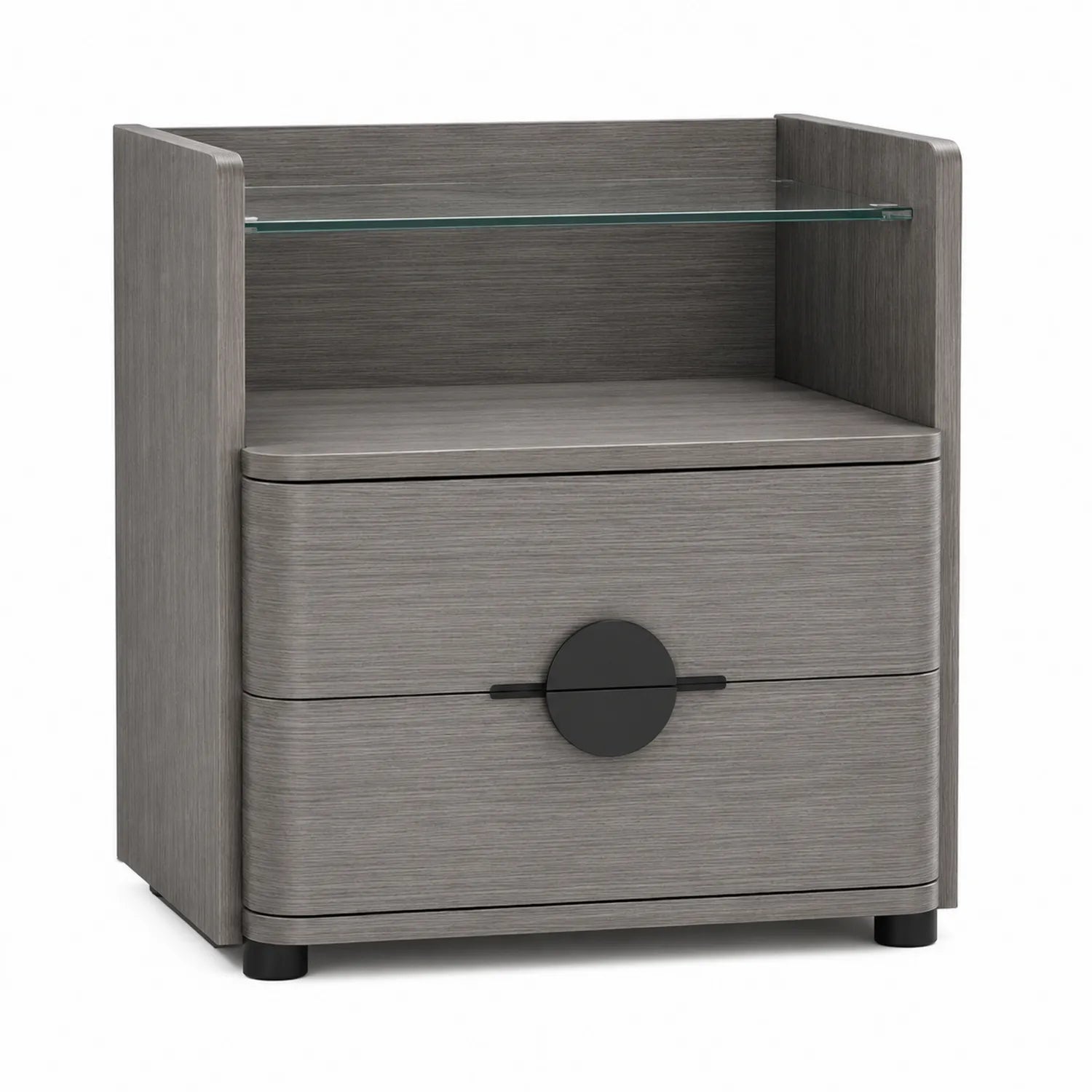 Mesa de noche de madera con vidrio y dos cajones gris