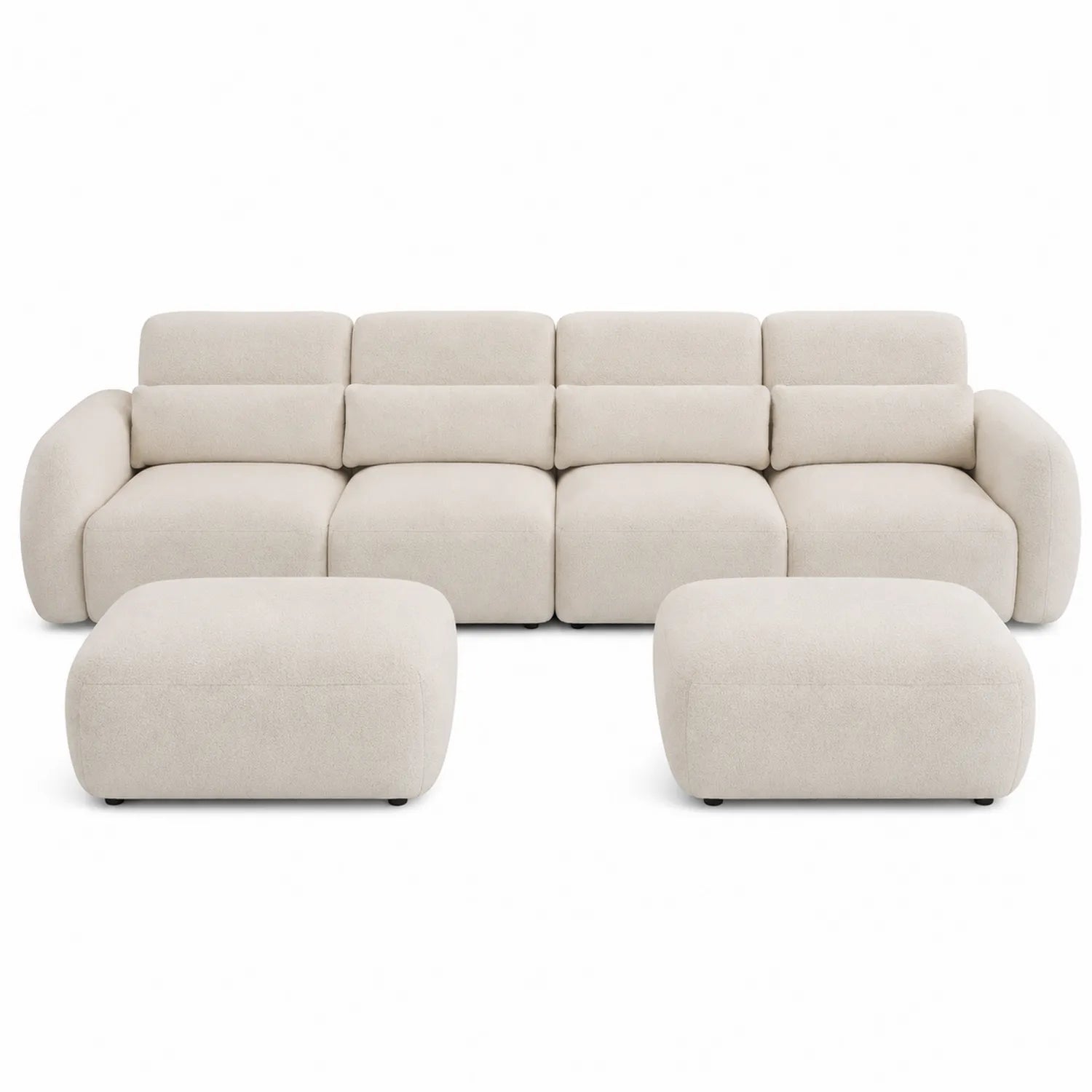 Sofá modular en tela de poliéster beige con 2 pufs