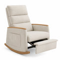 Silla mecedora reclinable de tela beige con reposapiés y apoyabrazos de madera