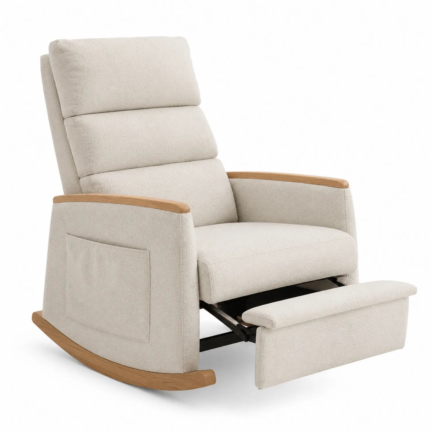 Silla mecedora reclinable de tela beige con reposapiés y apoyabrazos de madera