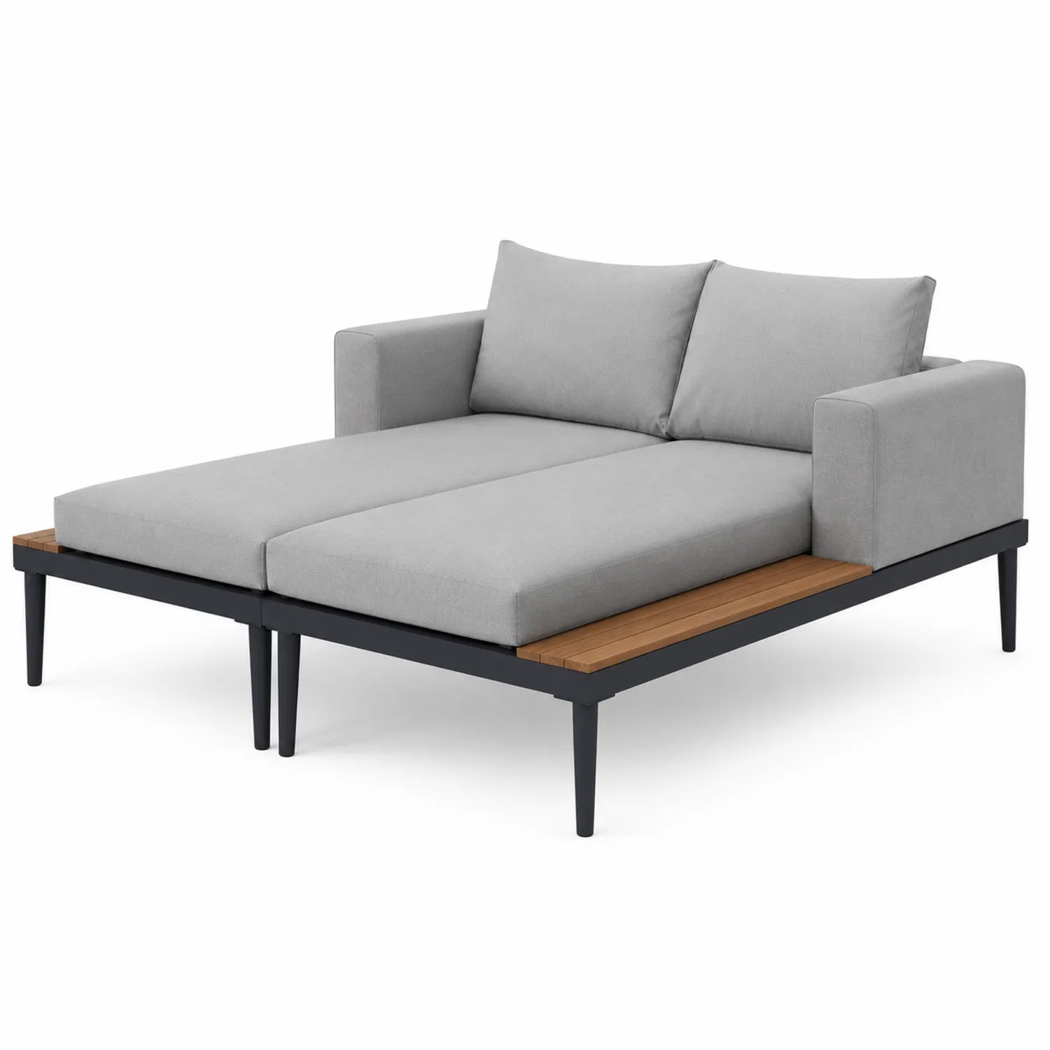 Cama de día de aluminio y madera con cojines de poliéster gris