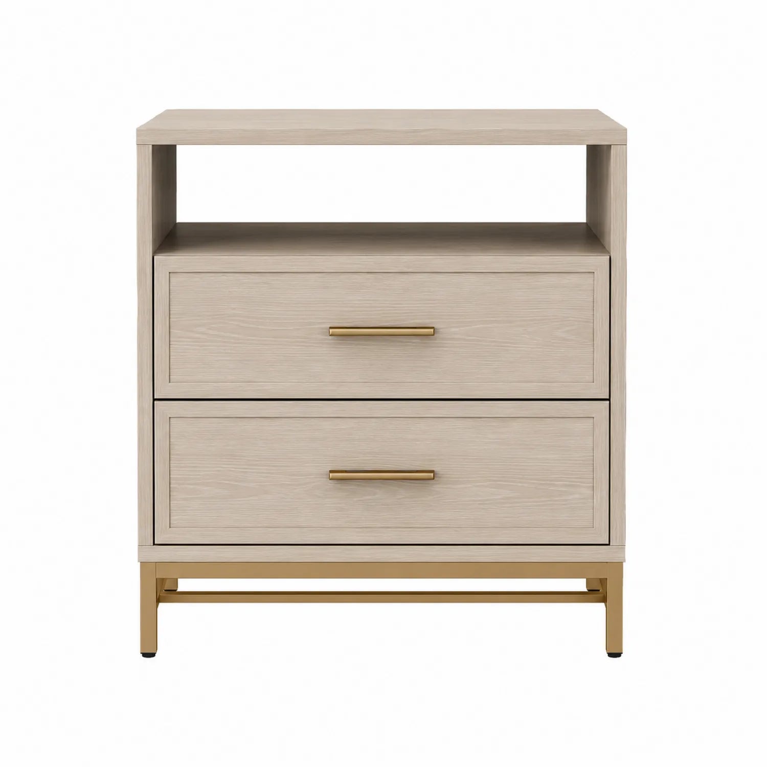 Mesita de noche de madera con 2 cajones y estructura metálica color beige
