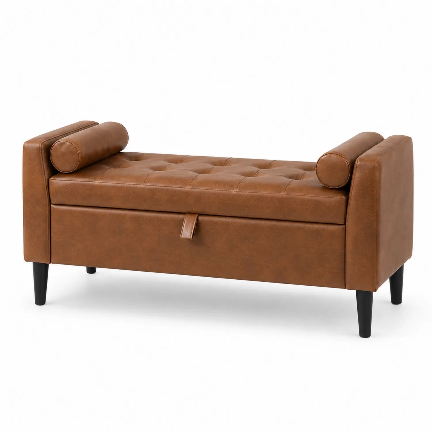 Banco de almacenamiento de cuero sintético marrón con patas de madera