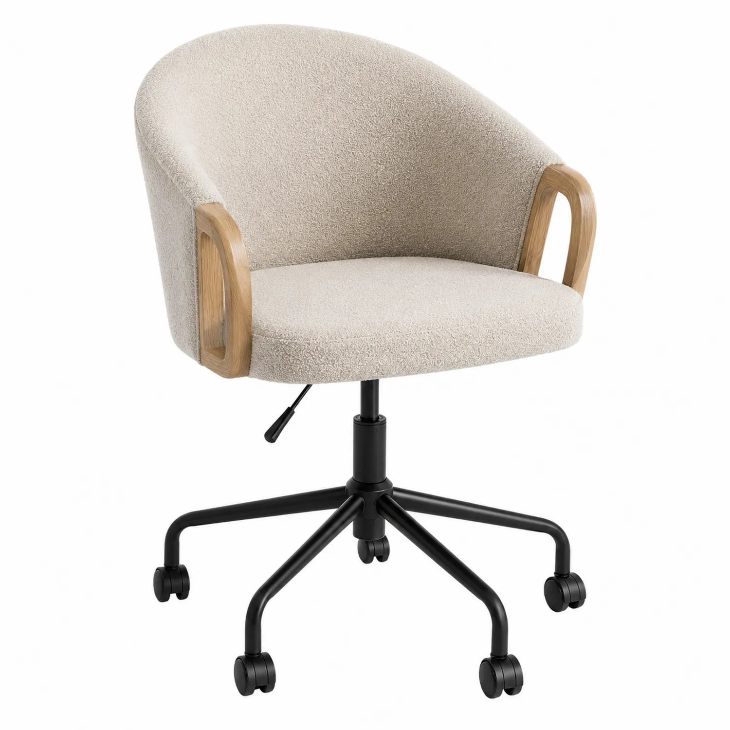 Silla de oficina con respaldo curvo de poliéster beige y reposabrazos de madera