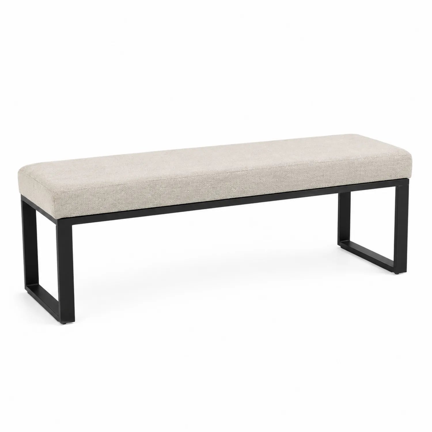 Banco rectangular tapizado en lino beige con estructura de acero negro 120 cm