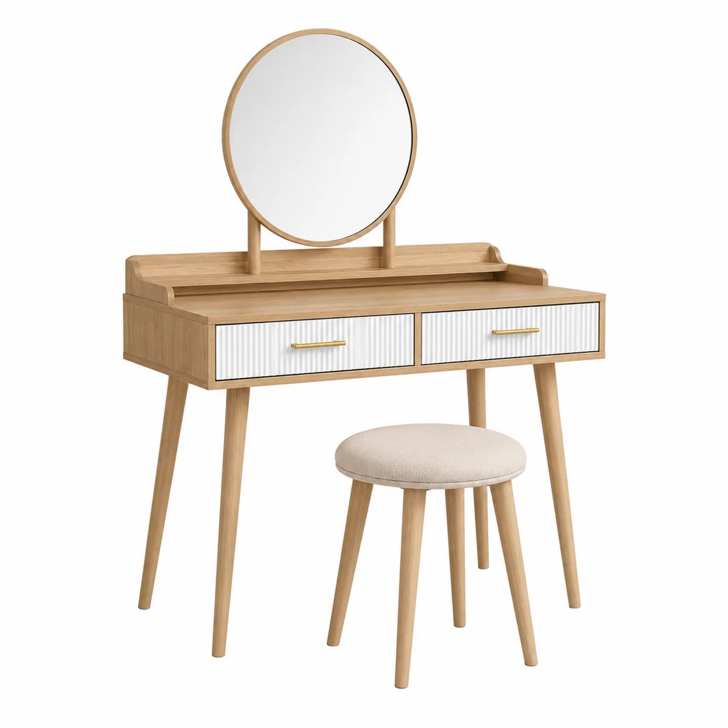 Tocador de Madera y MDF con Espejo Redondo y Banqueta