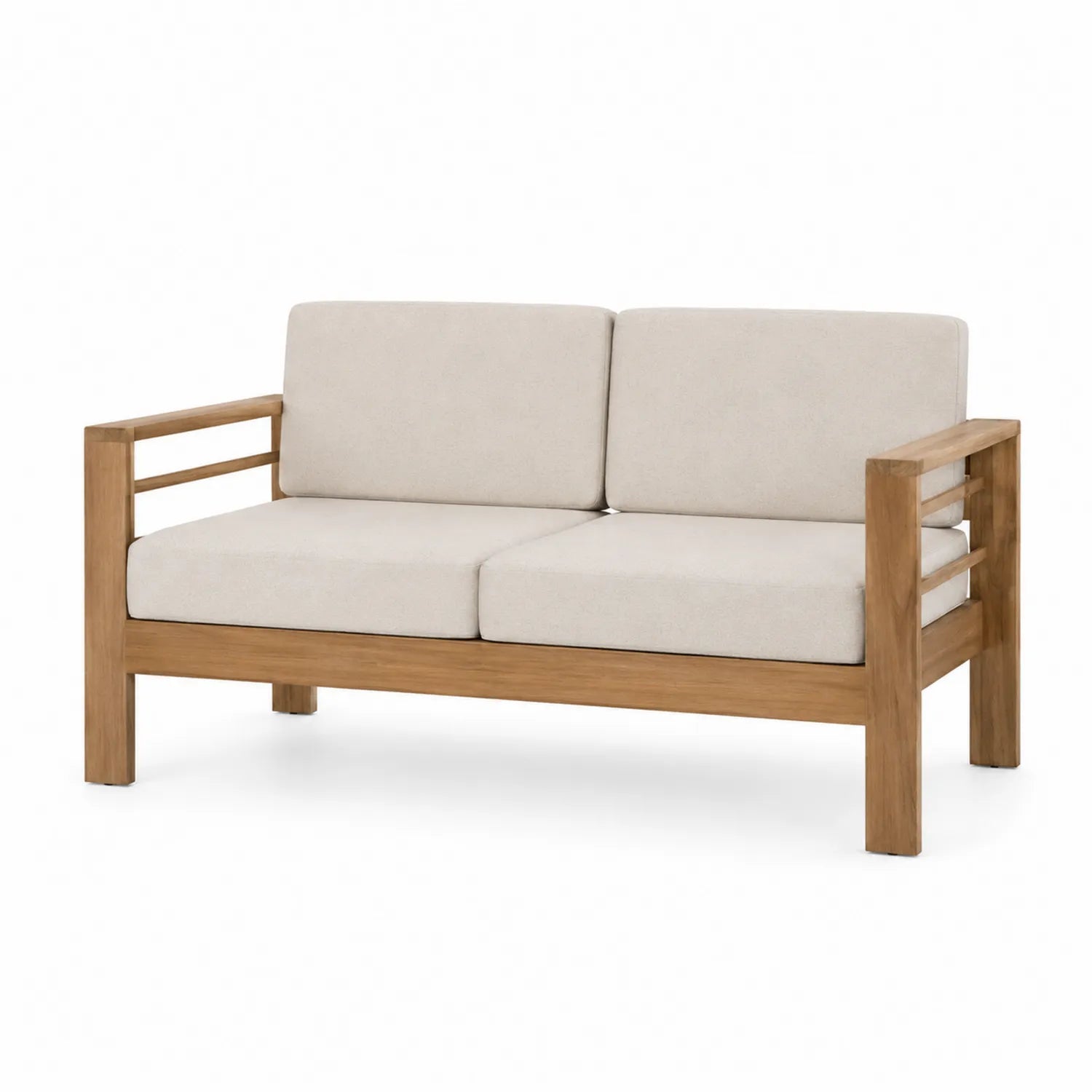 Sofá de exterior de madera de acacia con cojines de poliéster beige