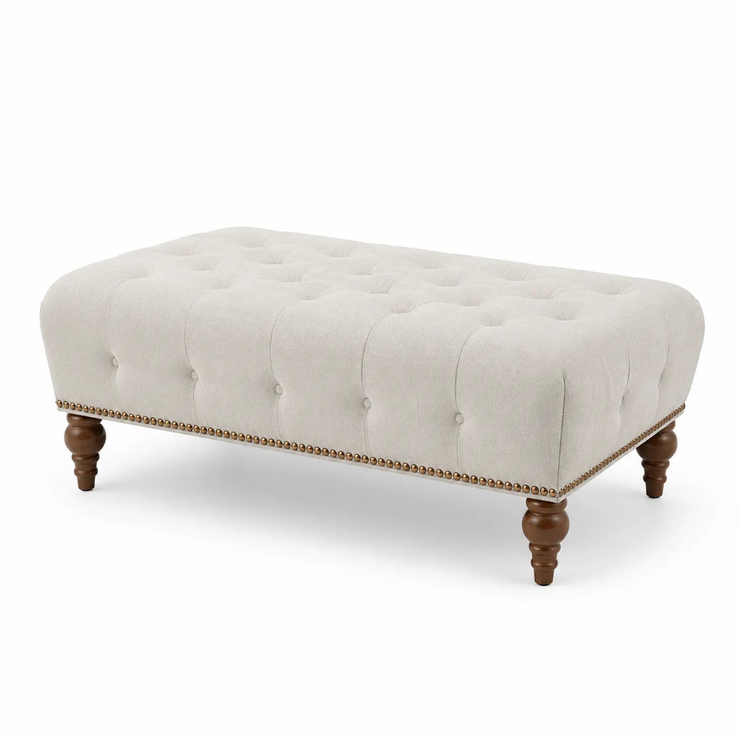 Banco de lino beige con patas de madera