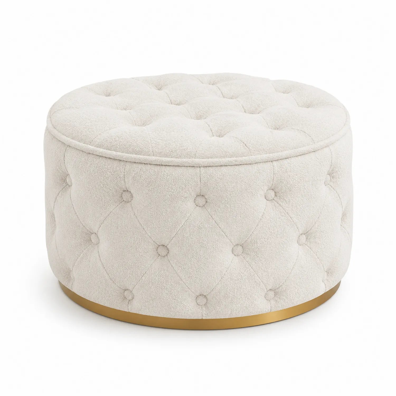 Reposapiés redondo de tela beige con base de metal dorado
