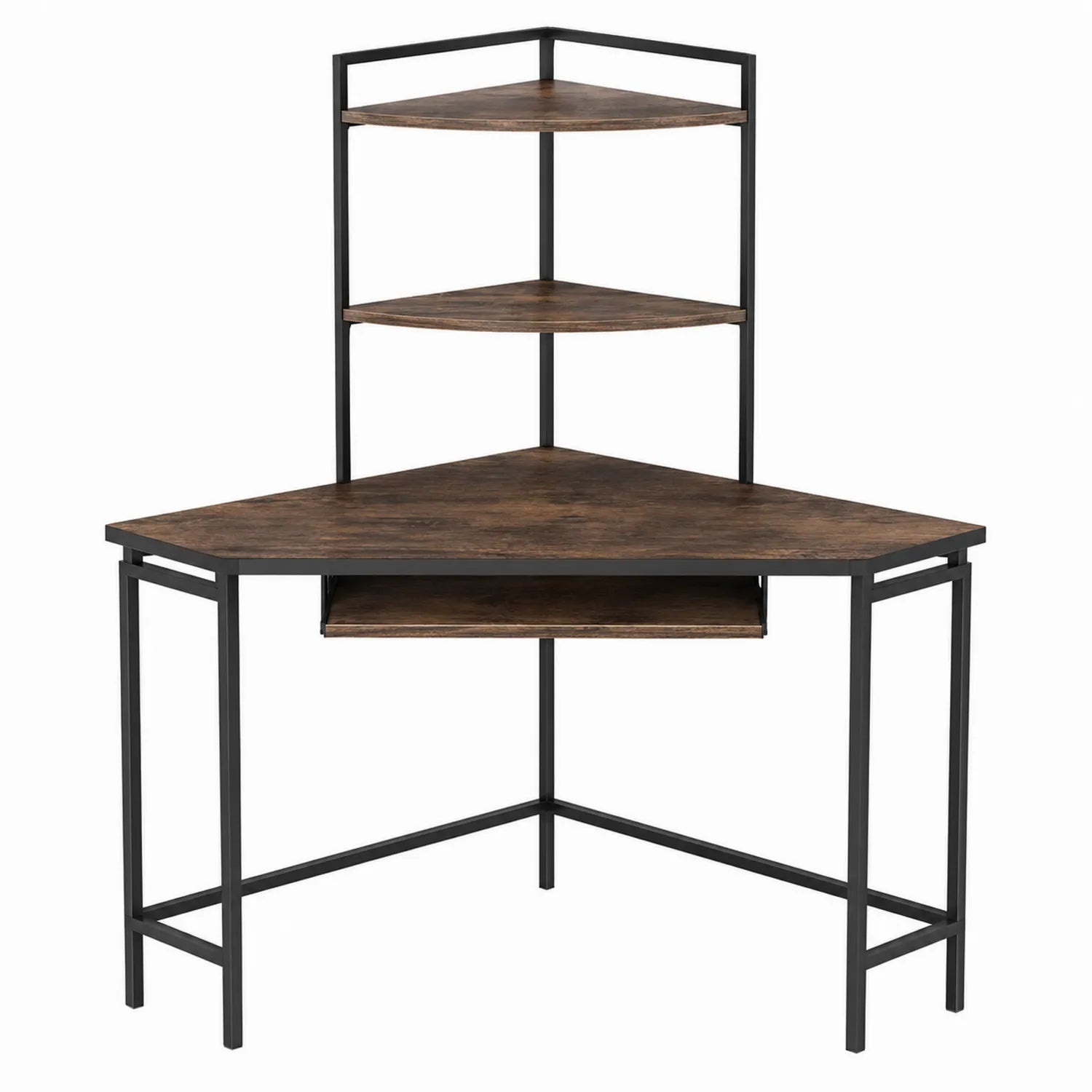 Escritorio de esquina triangular con madera y metal negro