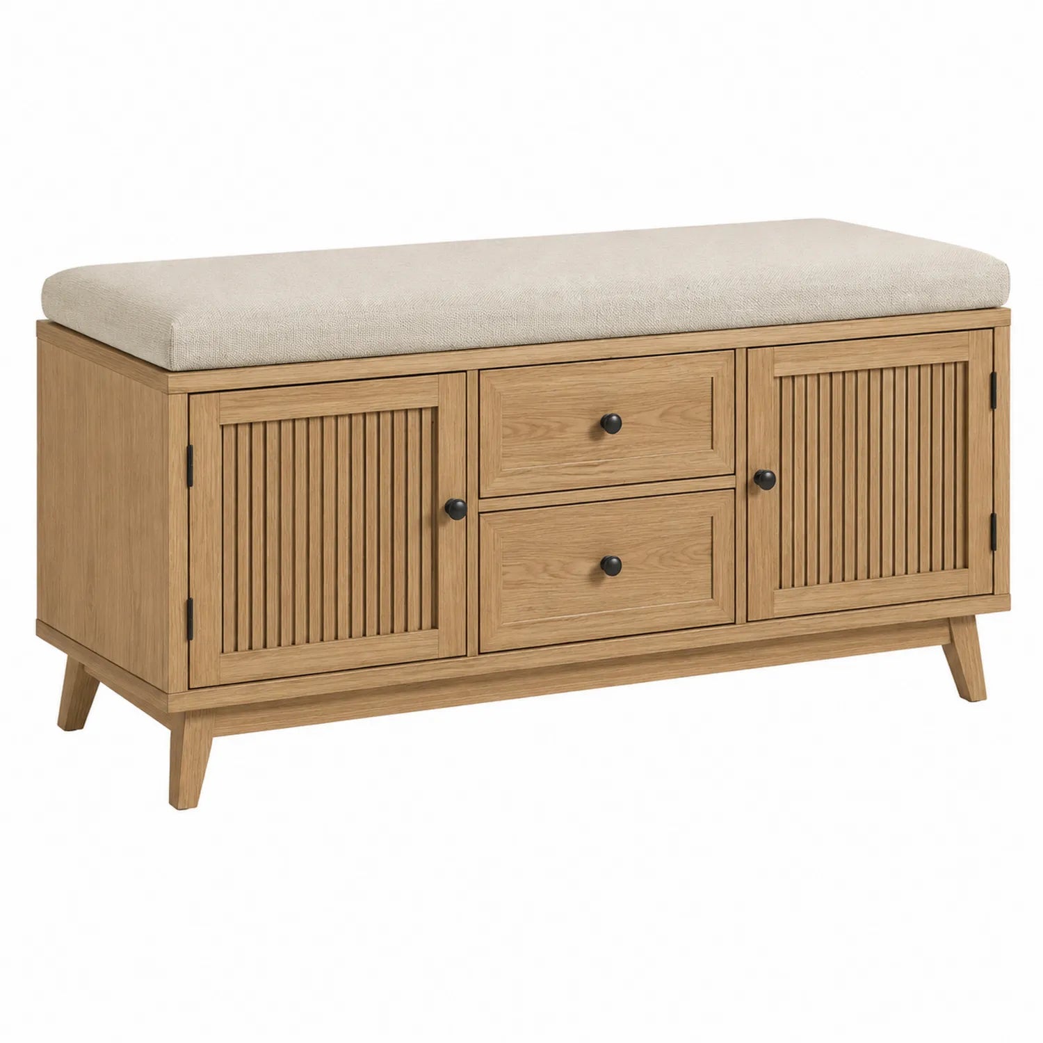 Banco de madera de roble con cojín beige y almacenamiento