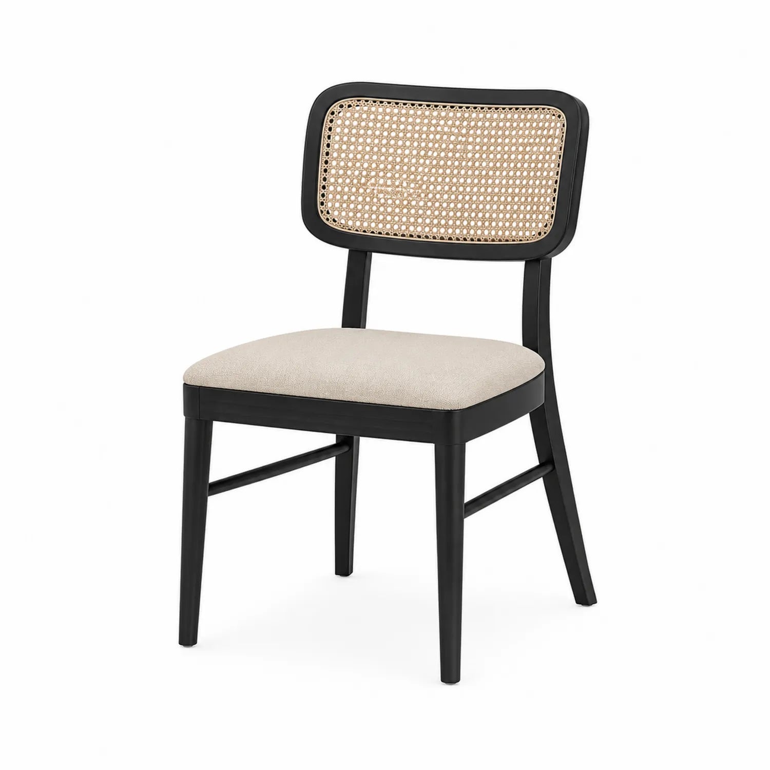 Silla de comedor de madera con asiento de tela de poliéster y respaldo de ratán, color Negro y Beige