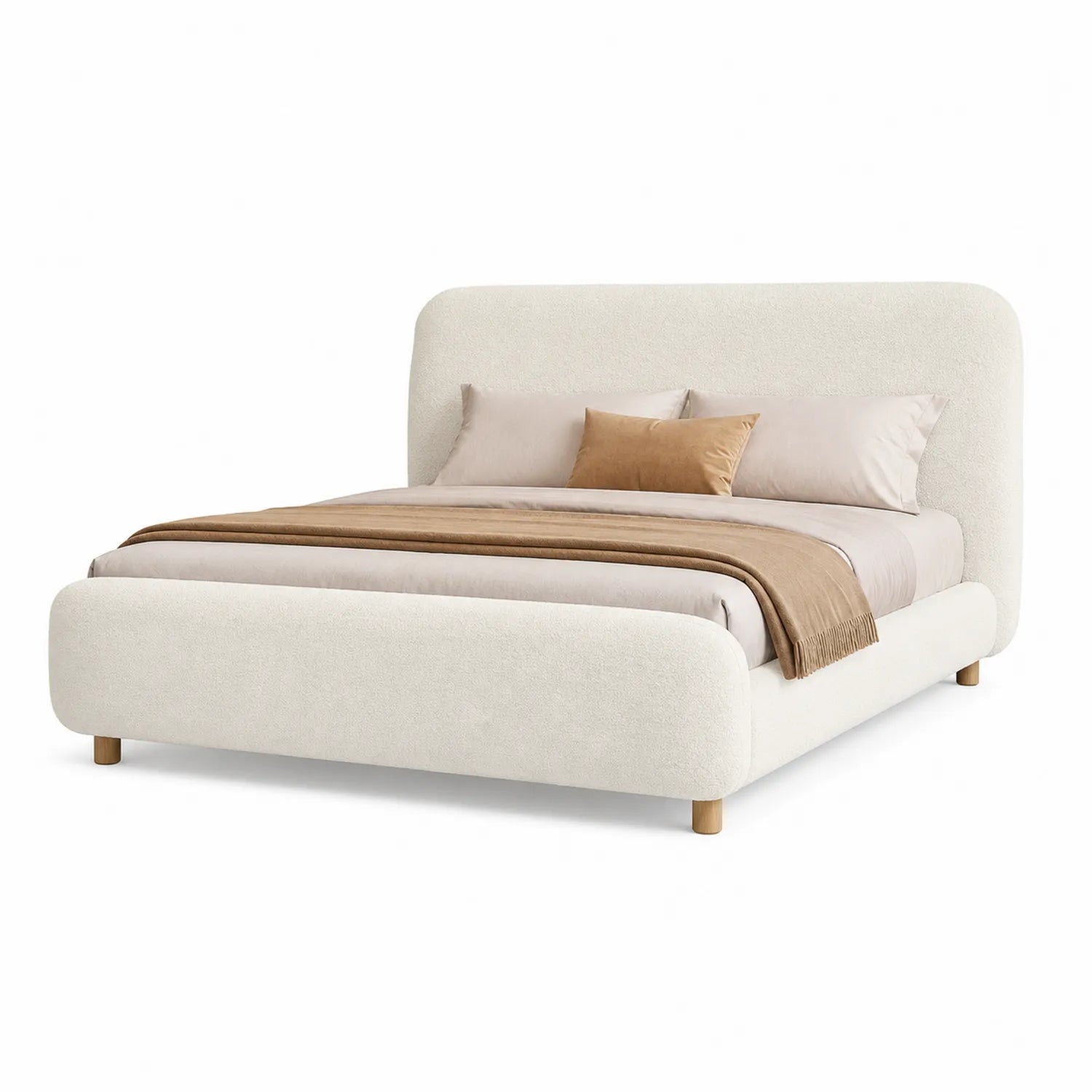Cama tapizada en tejido bouclé blanco con patas de madera 200x150 cm