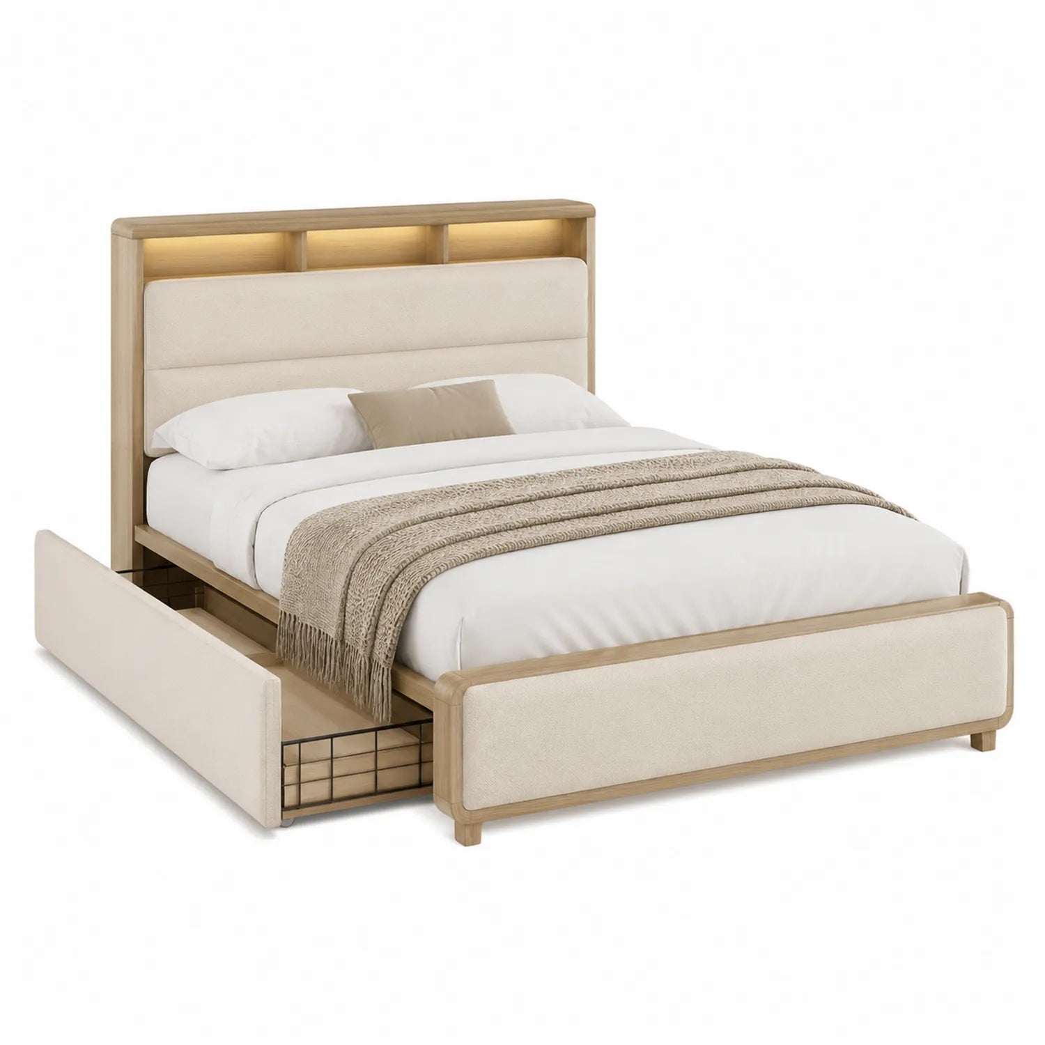 Cama doble de madera y tela beige con almacenaje 200x160 cm